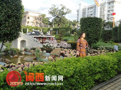 一位市民越過綠化帶，踩到花叢中拍照